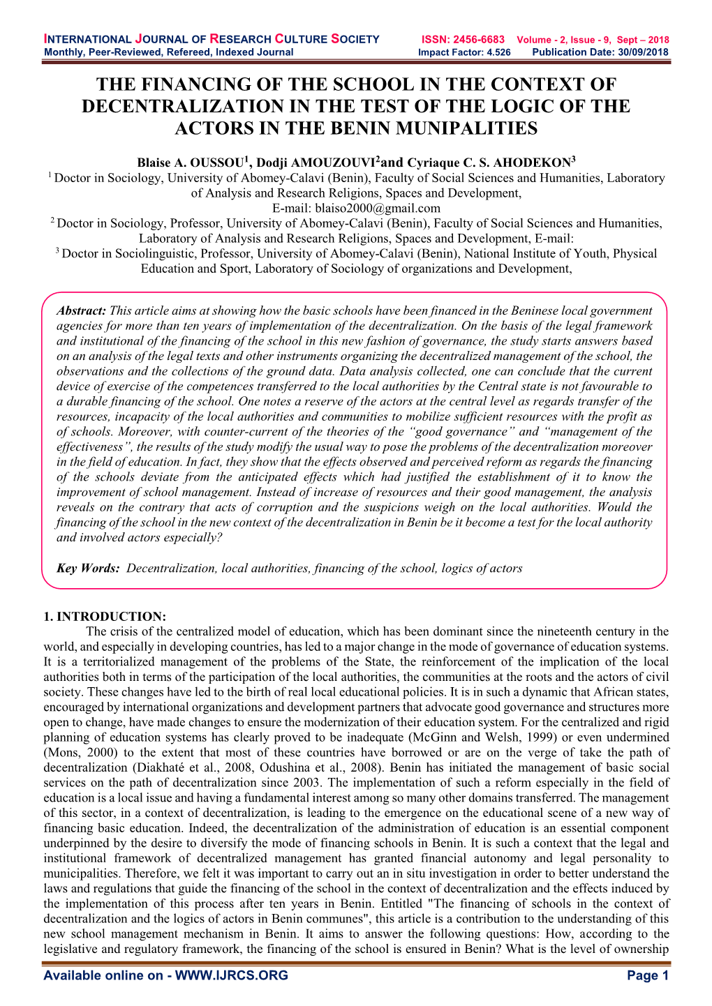 The Financing of the School in the Context of Decentralization in the Test of the Logic of the Actors in the Benin Munipalities