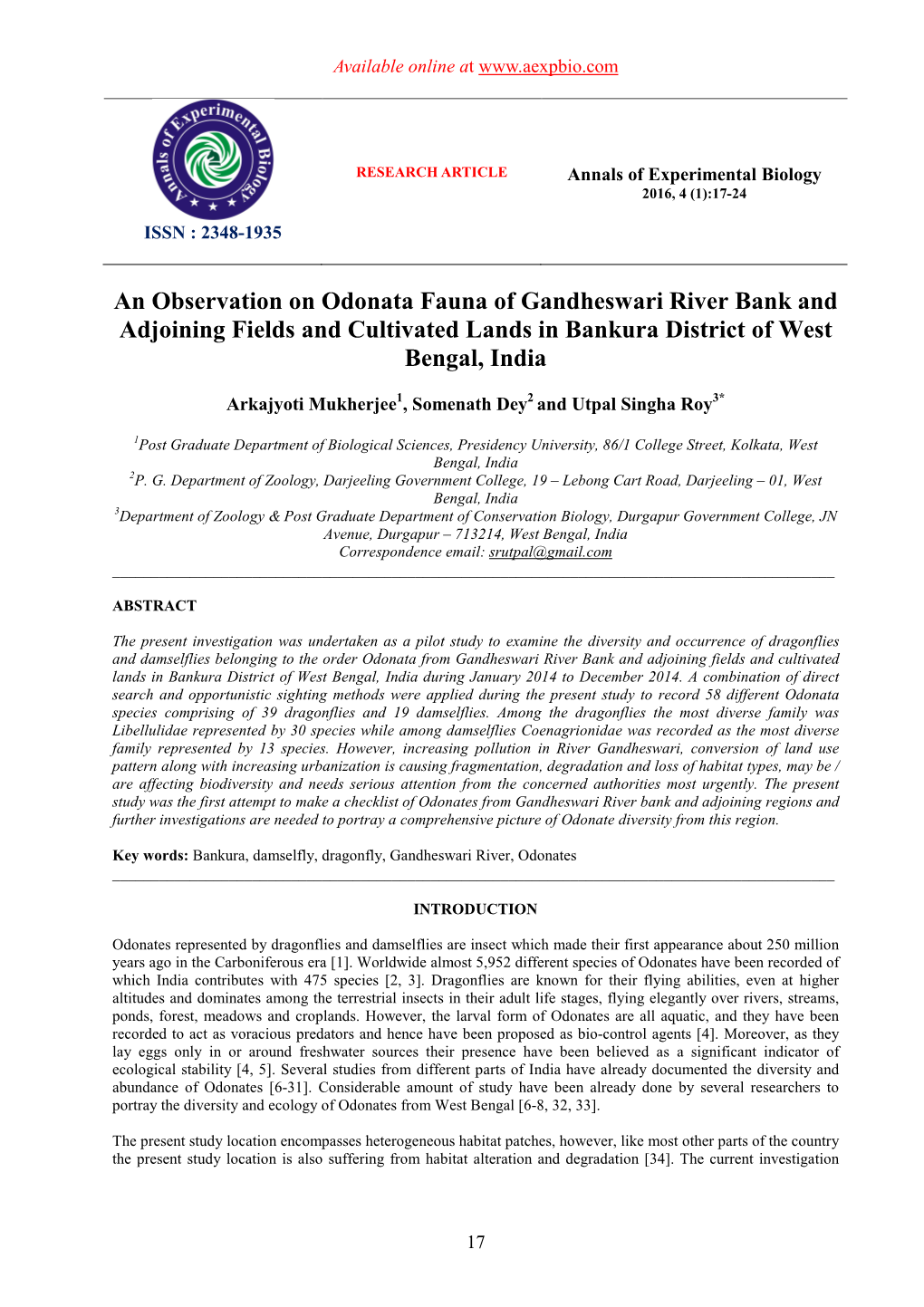 An Observation on Odonata Fauna of Gandheswari River Bank and Adjoining Fields and Cultivated Lands in Bankura District of West Bengal, India