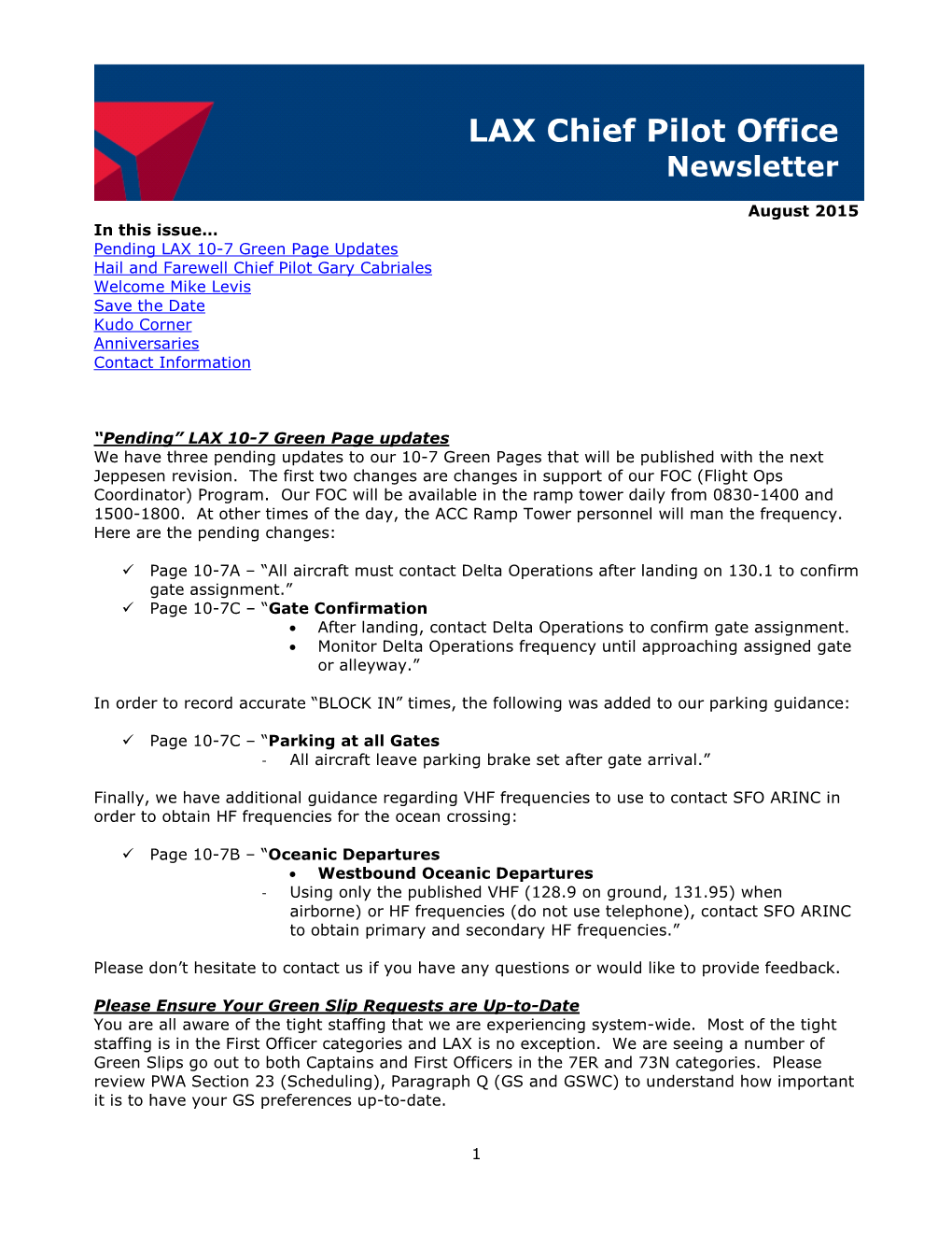 LAX Chief Pilot Office Newsletter