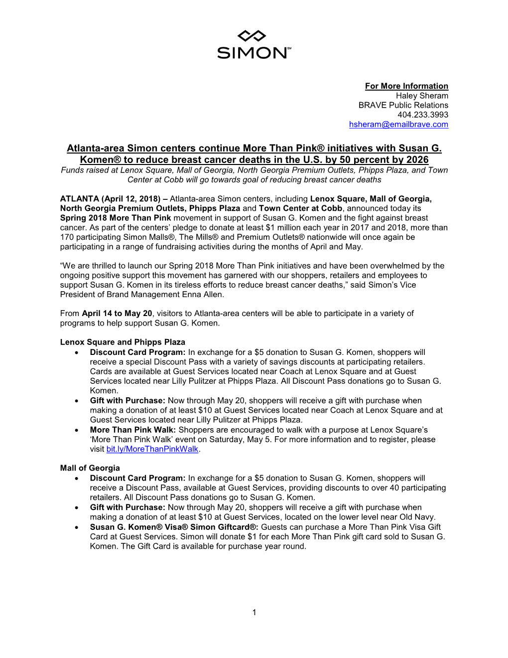 Atlanta-Area Simon Centers Continue More Than Pink® Initiatives with Susan G. Komen® to Reduce Breast Cancer Deaths in the U.S