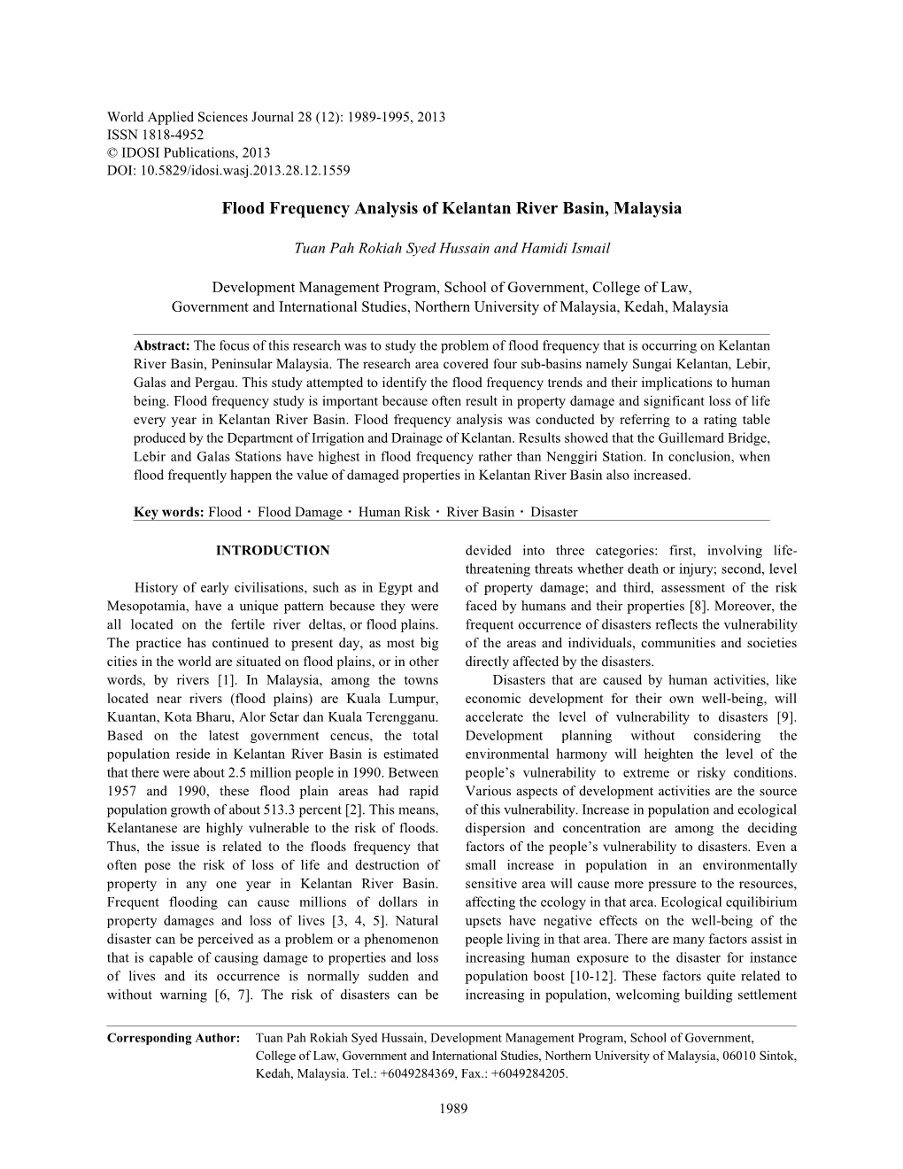 Flood Frequency Analysis of Kelantan River Basin, Malaysia