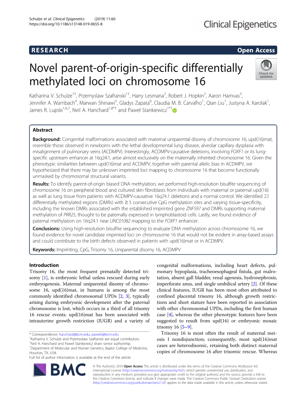 Novel Parent-Of-Origin-Specific Differentially Methylated Loci on Chromosome 16 Katharina V