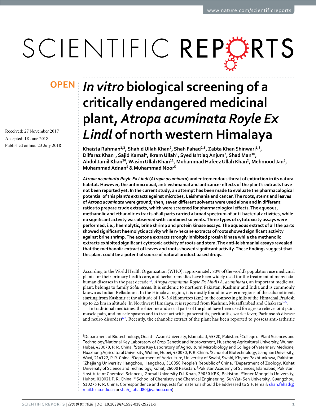 In Vitro Biological Screening of a Critically Endangered Medicinal Plant, Atropa Acuminata Royle Ex Lindl of North Western Himal