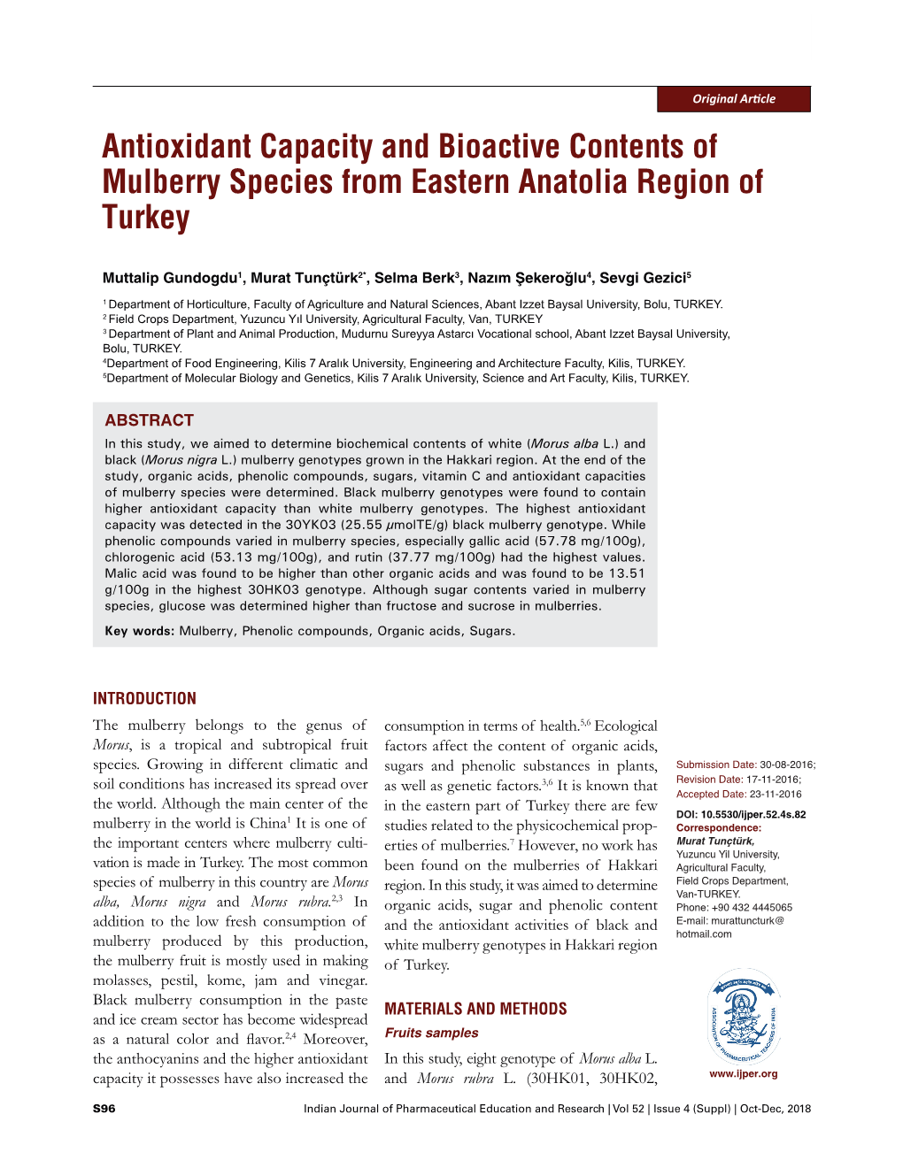 Antioxidant Capacity and Bioactive Contents of Mulberry Species from Eastern Anatolia Region of Turkey