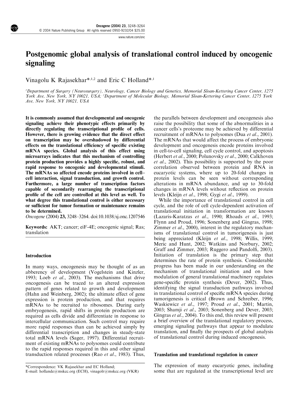 Postgenomic Global Analysis of Translational Control Induced by Oncogenic Signaling