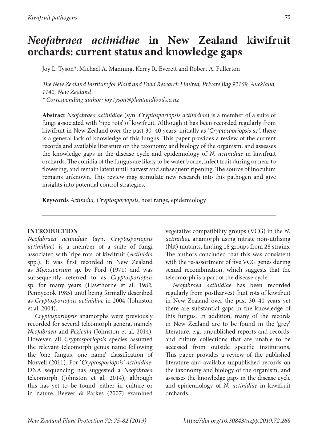 Neofabraea Actinidiae in New Zealand Kiwifruit Orchards: Current Status and Knowledge Gaps