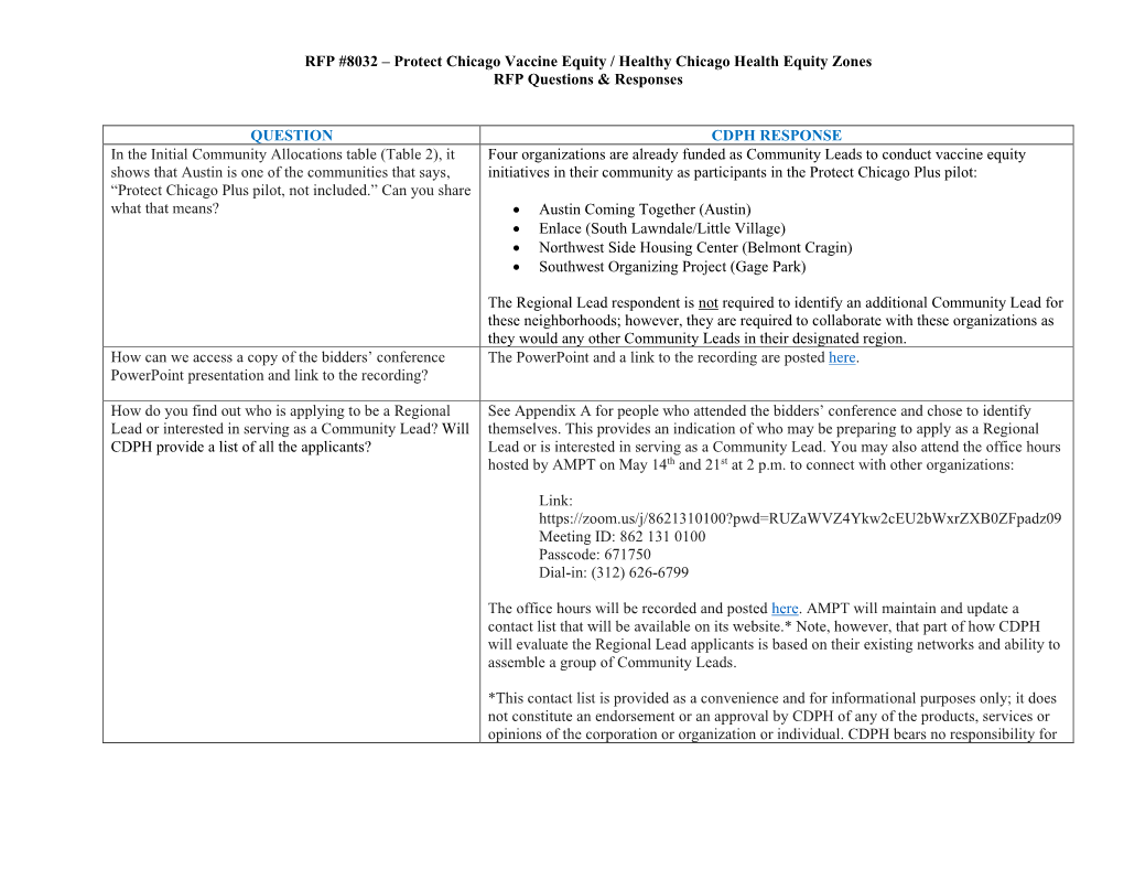 Protect Chicago Vaccine Equity / Healthy Chicago Health Equity Zones RFP Questions & Responses QUESTION CDPH R