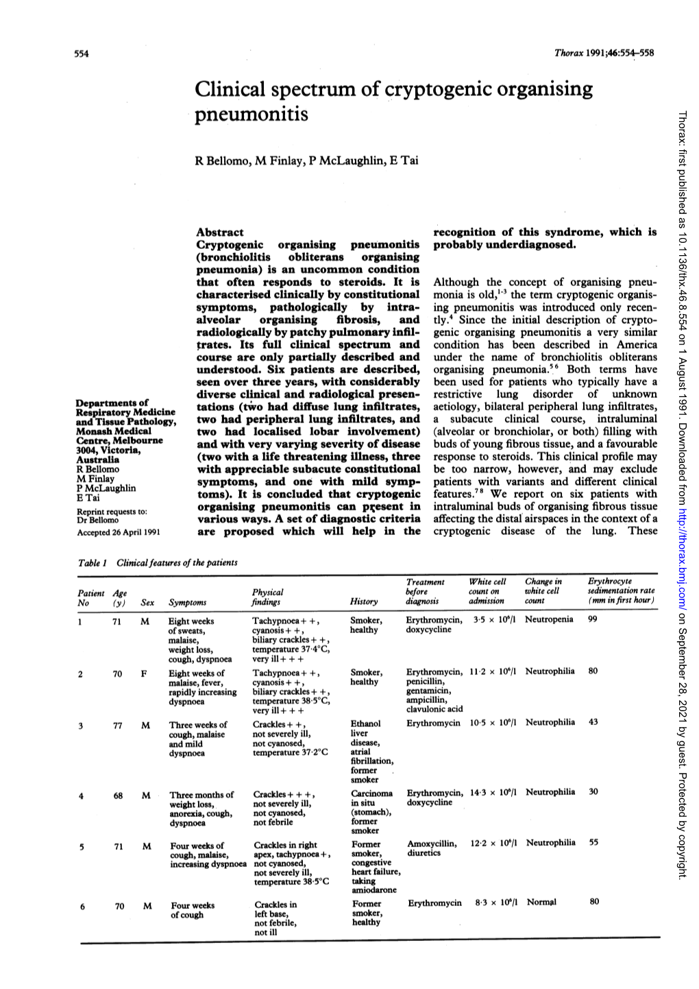 Pneumonitis Thorax: First Published As 10.1136/Thx.46.8.554 on 1 August 1991