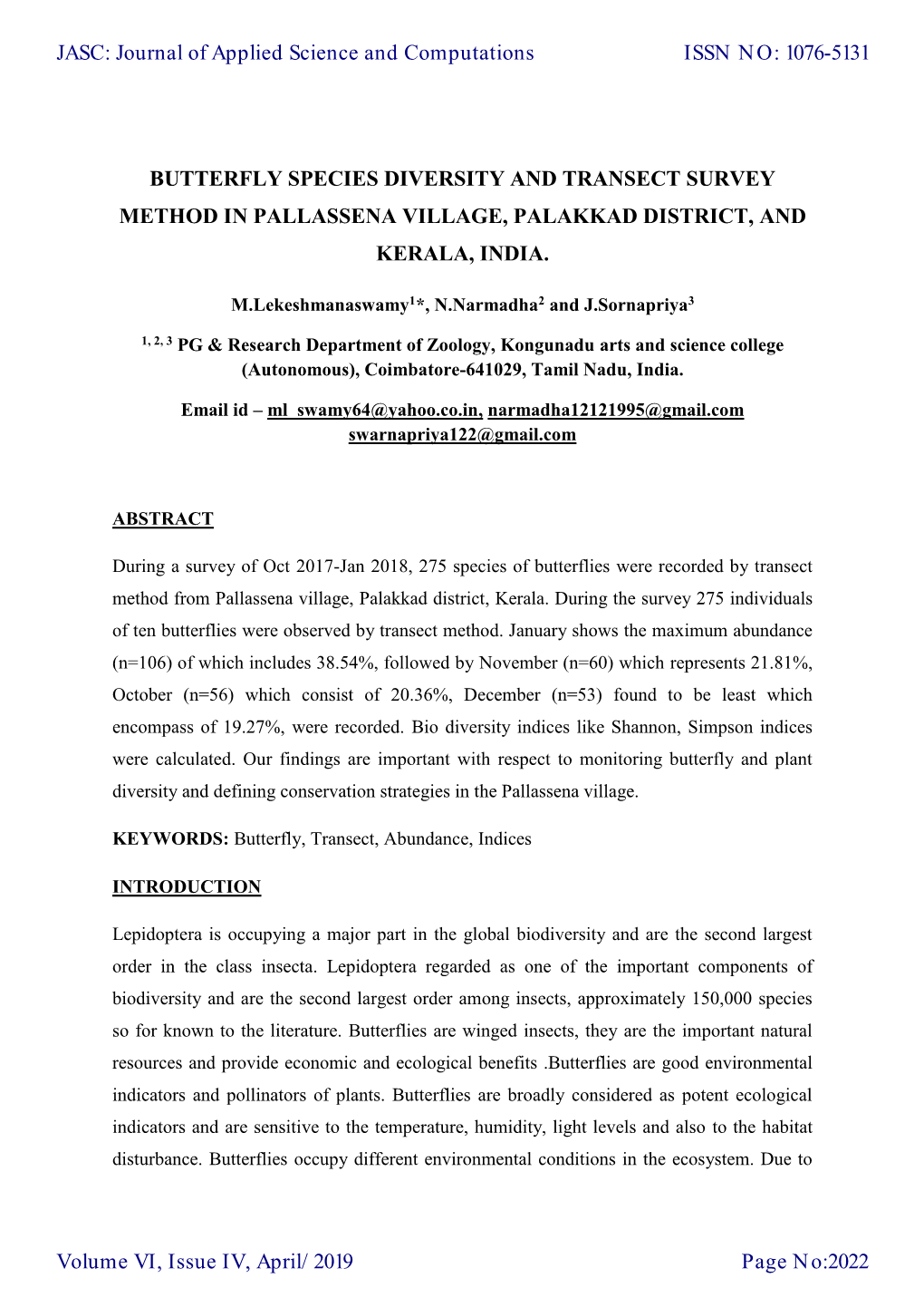 Butterfly Species Diversity and Transect Survey Method in Pallassena Village, Palakkad District, and Kerala, India