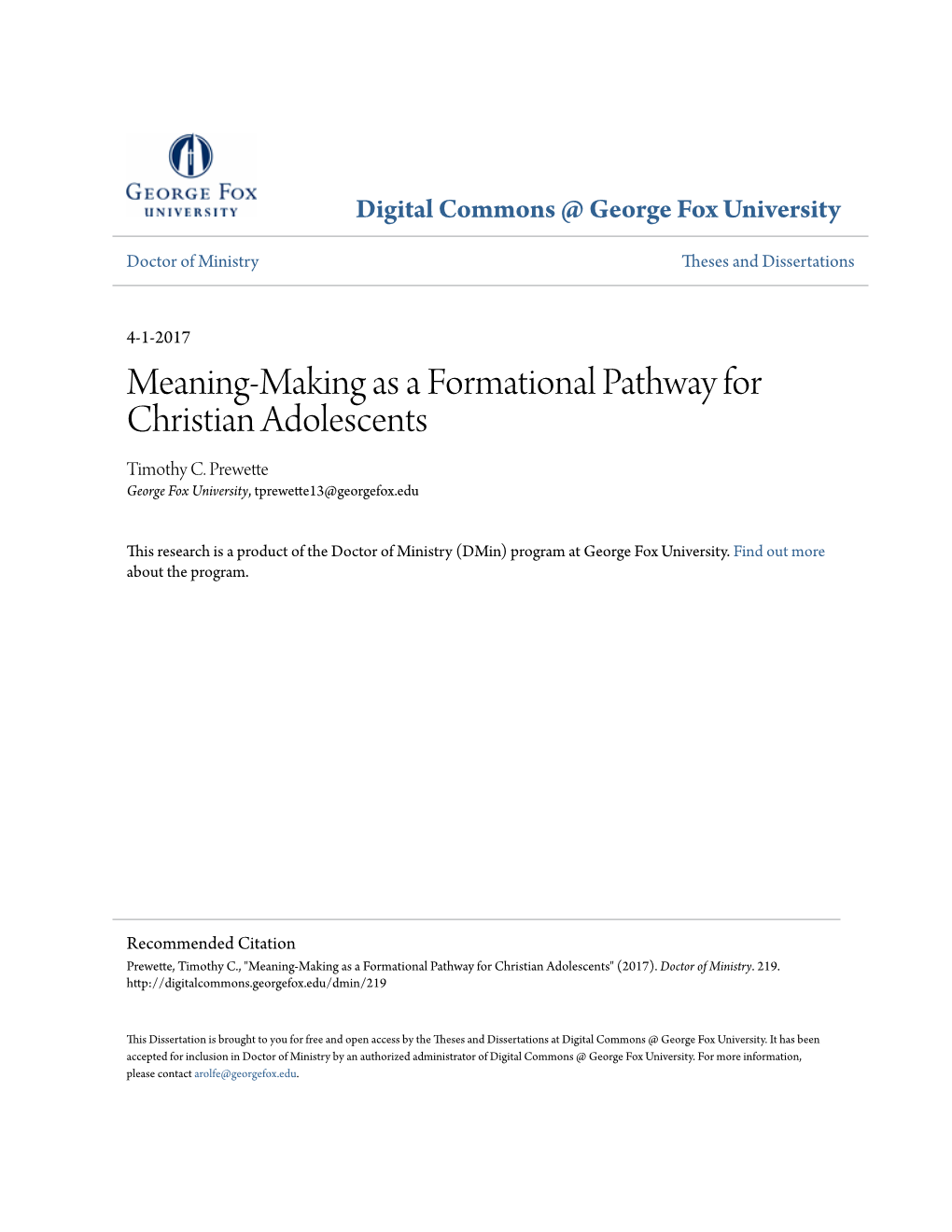 Meaning-Making As a Formational Pathway for Christian Adolescents Timothy C