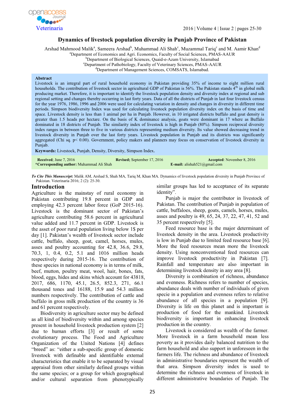 Dynamics of Livestock Population Diversity in Punjab Province of Pakistan Arshad Mahmood Malika, Sameera Arshadb, Muhammad Ali Shahc, Muzammal Tariqc and M