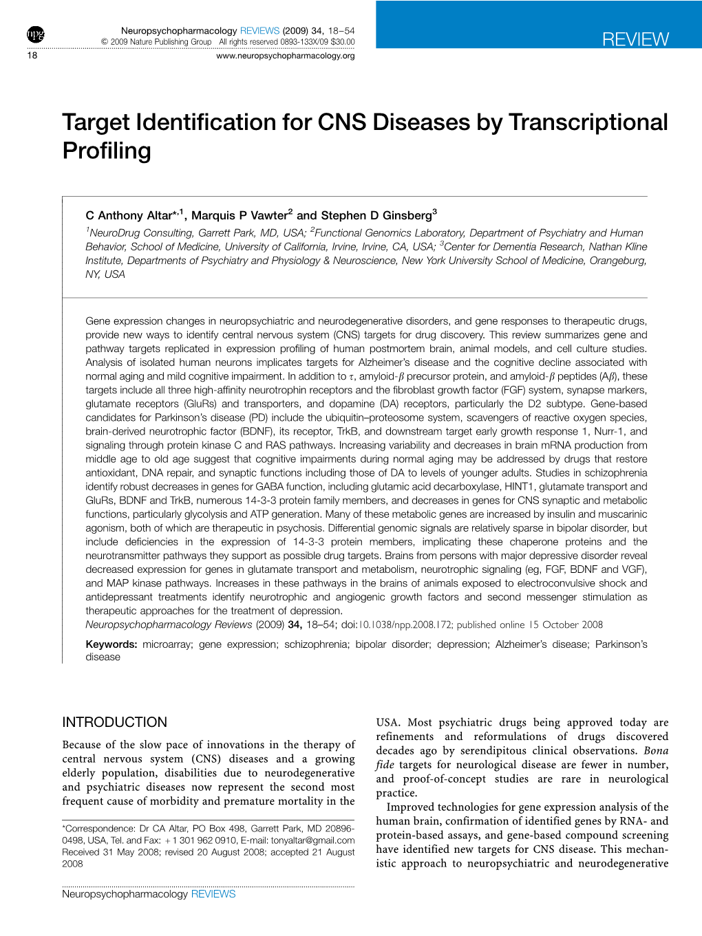 Target Identification for CNS Diseases by Transcriptional Profiling