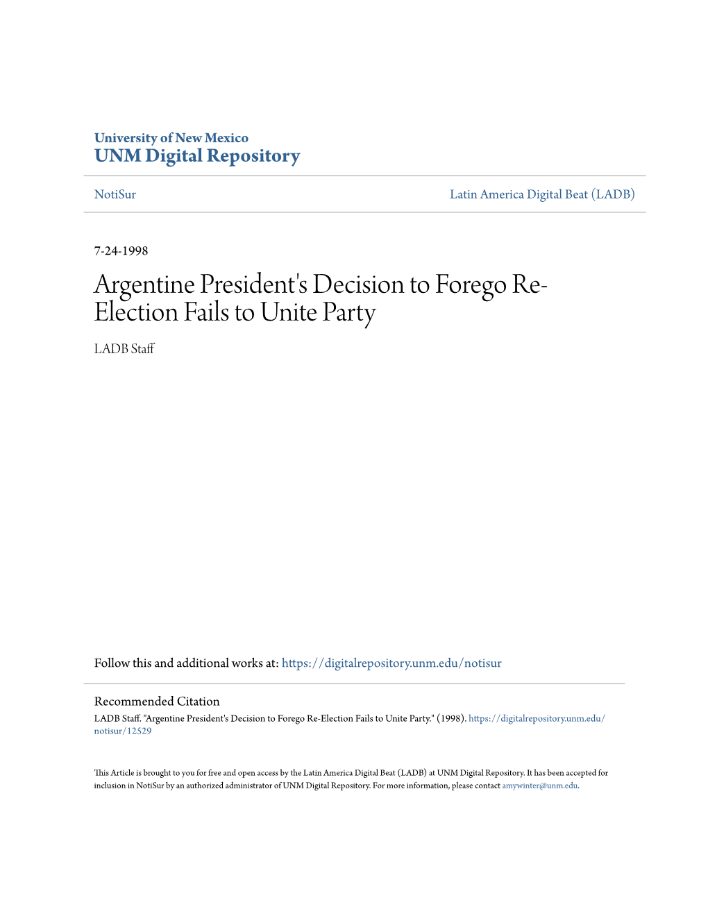 Argentine President's Decision to Forego Re-Election Fails to Unite Party." (1998)