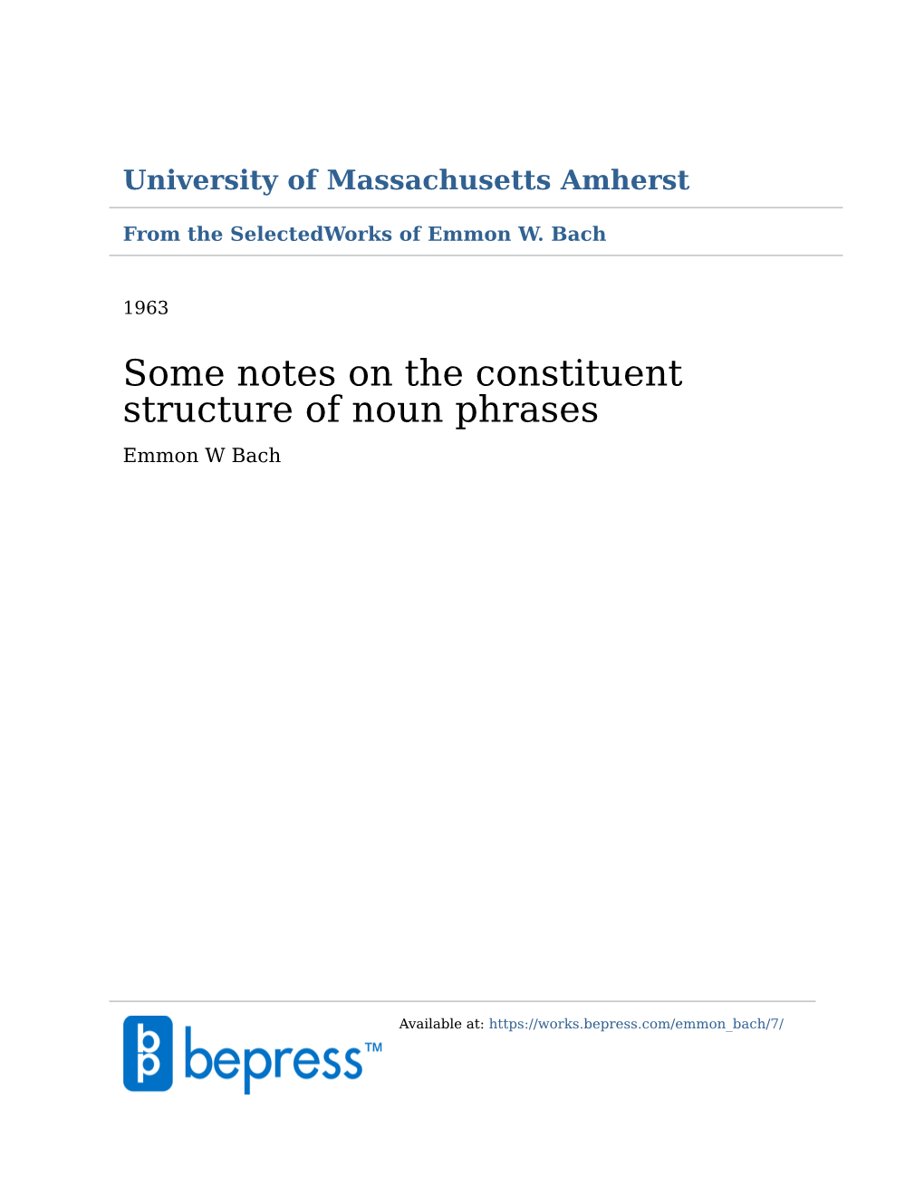 Some Notes on the Constituent Structure of Noun Phrases Emmon W Bach