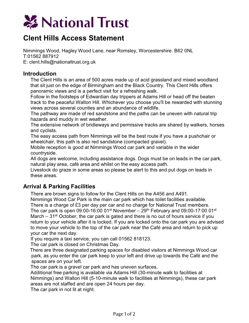 Clent Hills Access Statement