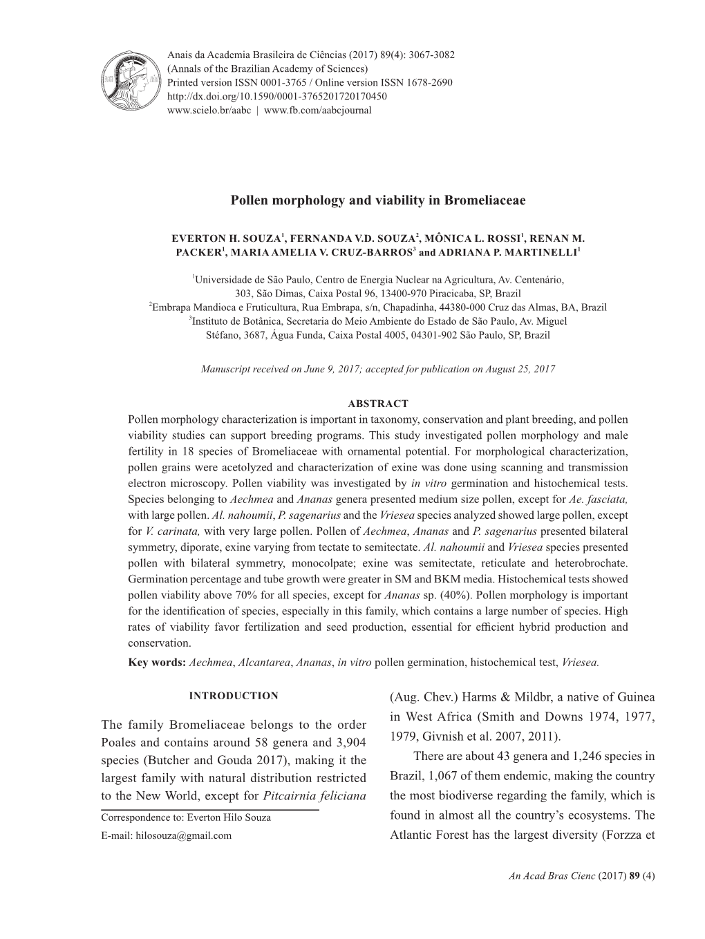 Pollen Morphology and Viability in Bromeliaceae