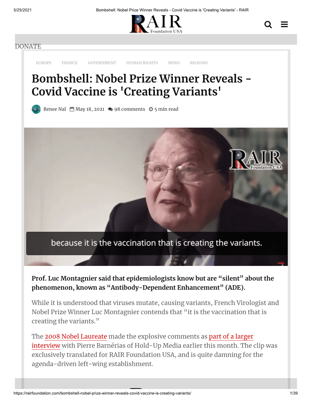 Nobel Prize Winner Reveals - Covid Vaccine Is 'Creating Variants' - RAIR