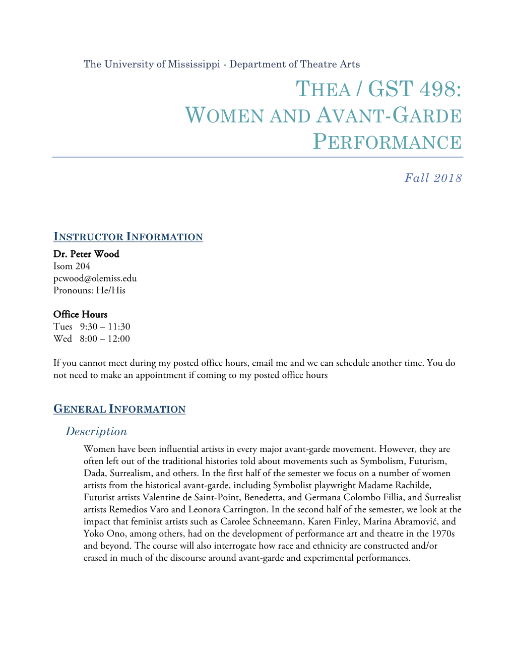 Thea / Gst 498: Women and Avant-Garde Performance