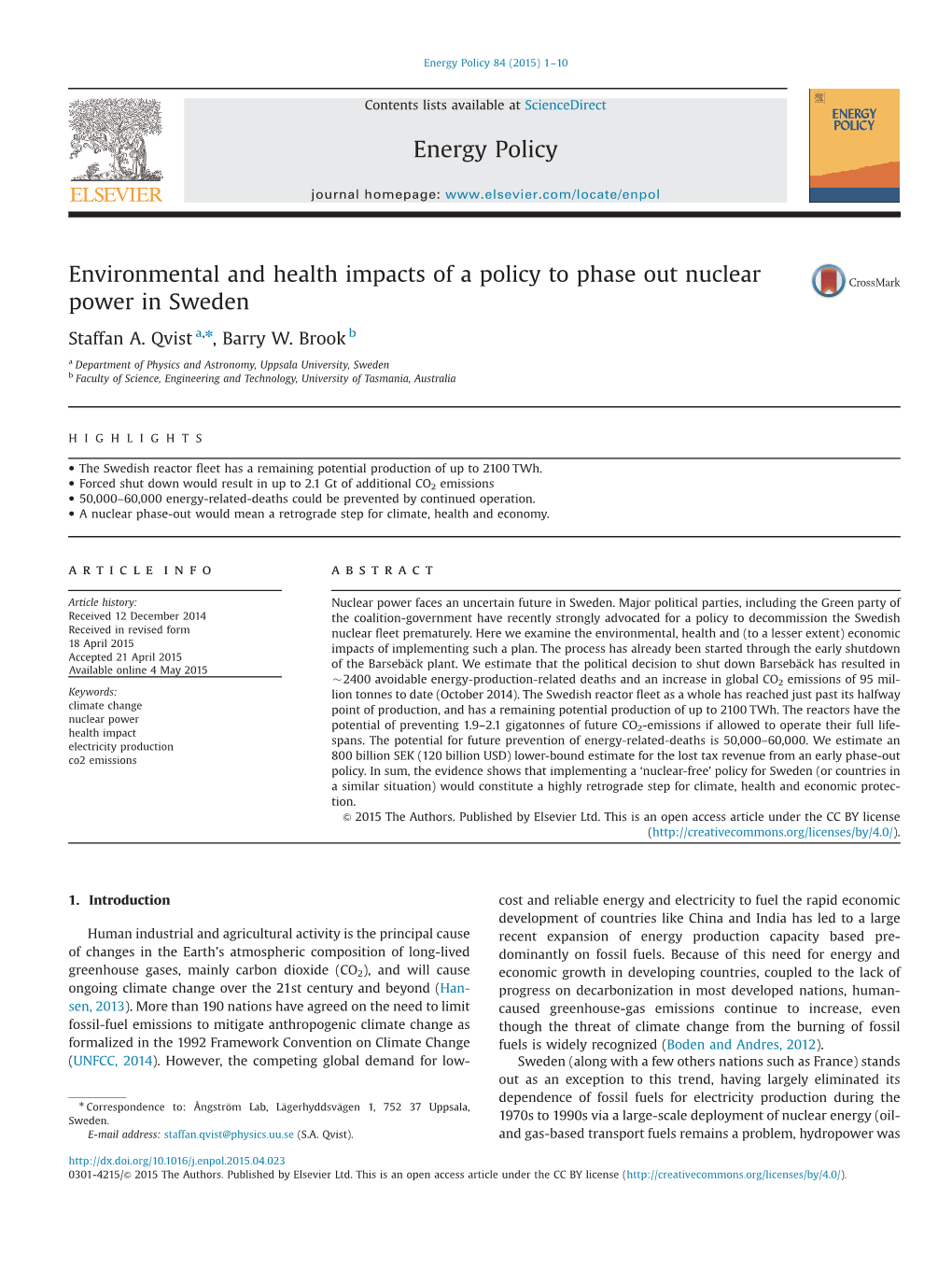 Environmental and Health Impacts of a Policy to Phase out Nuclear Power in Sweden