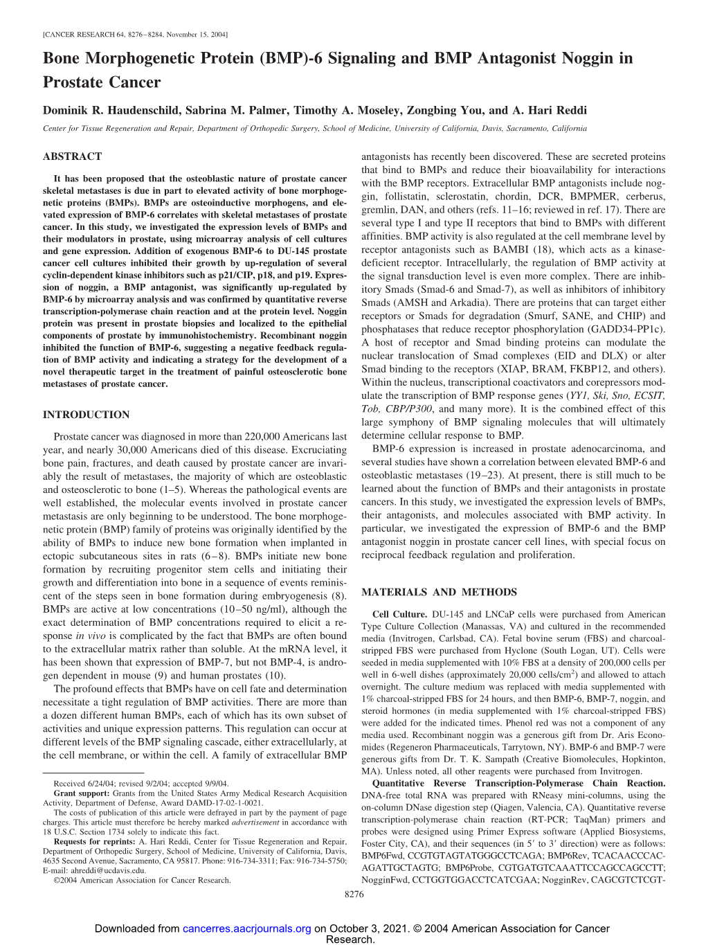 Bone Morphogenetic Protein (BMP)-6 Signaling and BMP Antagonist Noggin in Prostate Cancer