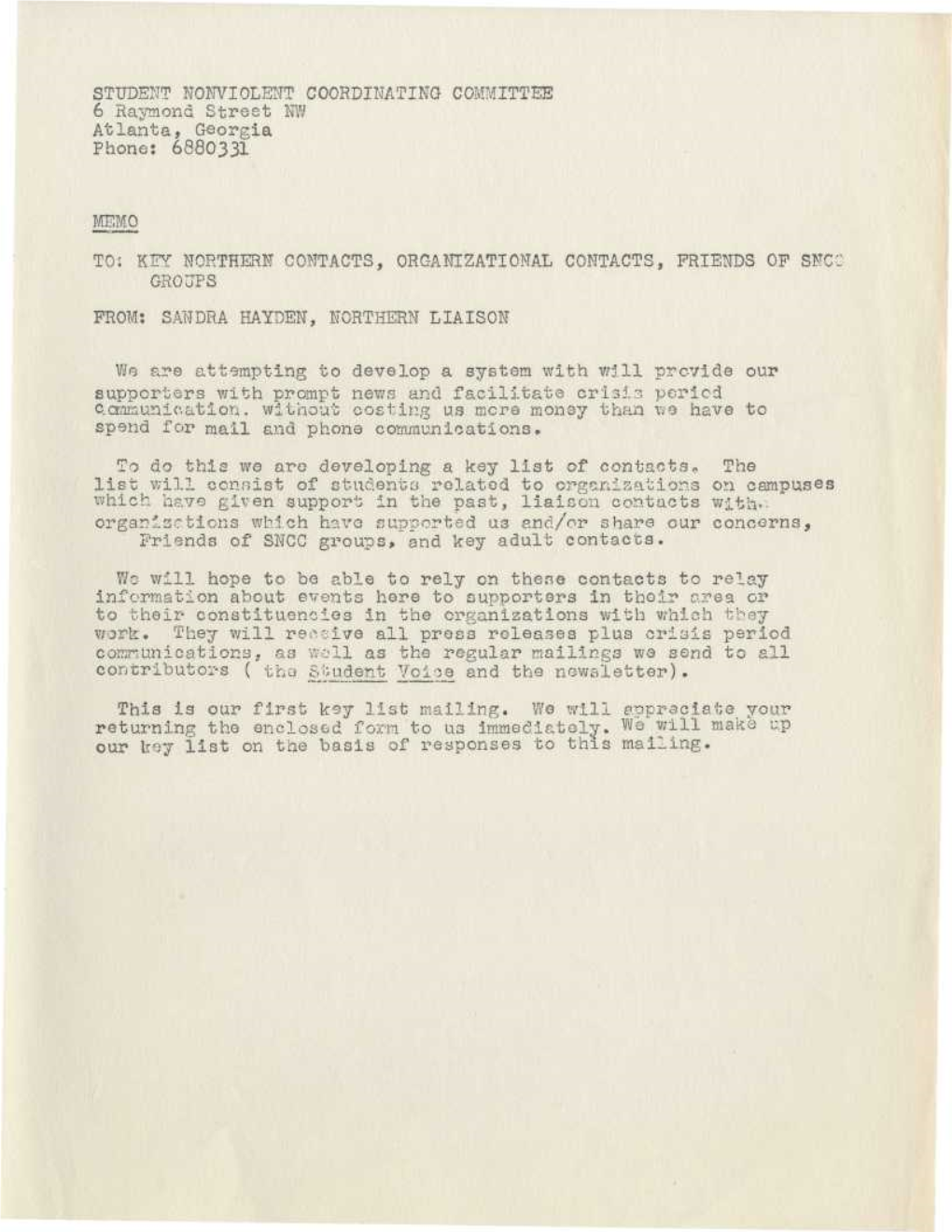 STUDENT NONVIOLENT COORDINATING COMMITTEE 6 Raymond Street NW Atlanta, Georgia Phone: 6880331