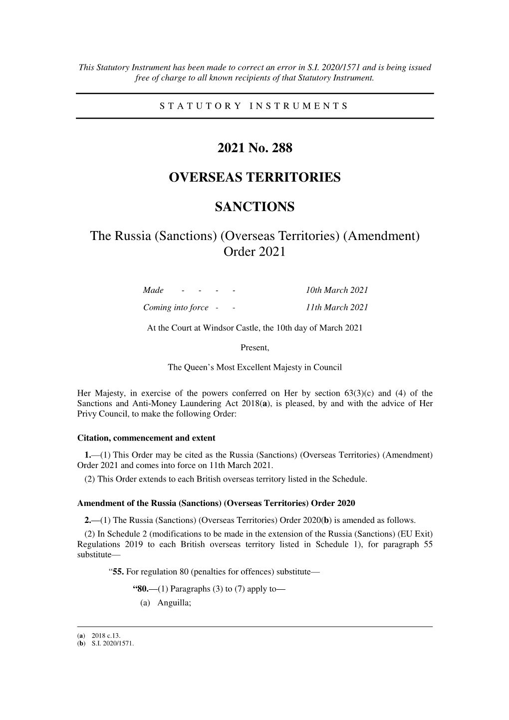 The Russia (Sanctions) (Overseas Territories) (Amendment) Order 2021