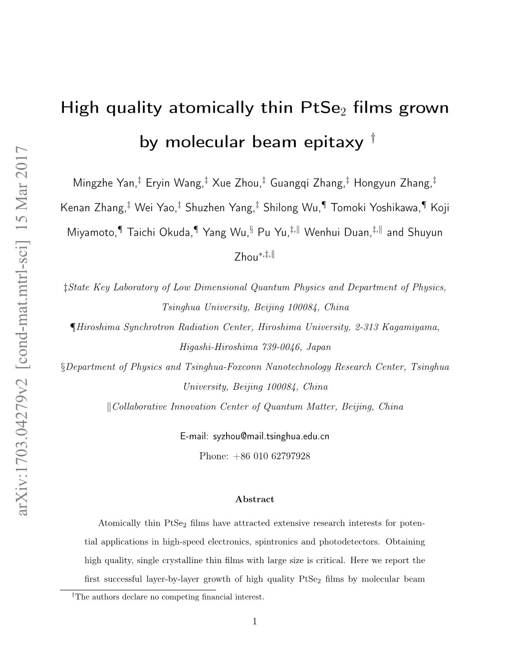 High Quality Atomically Thin Ptse2 Films Grown by Molecular Beam