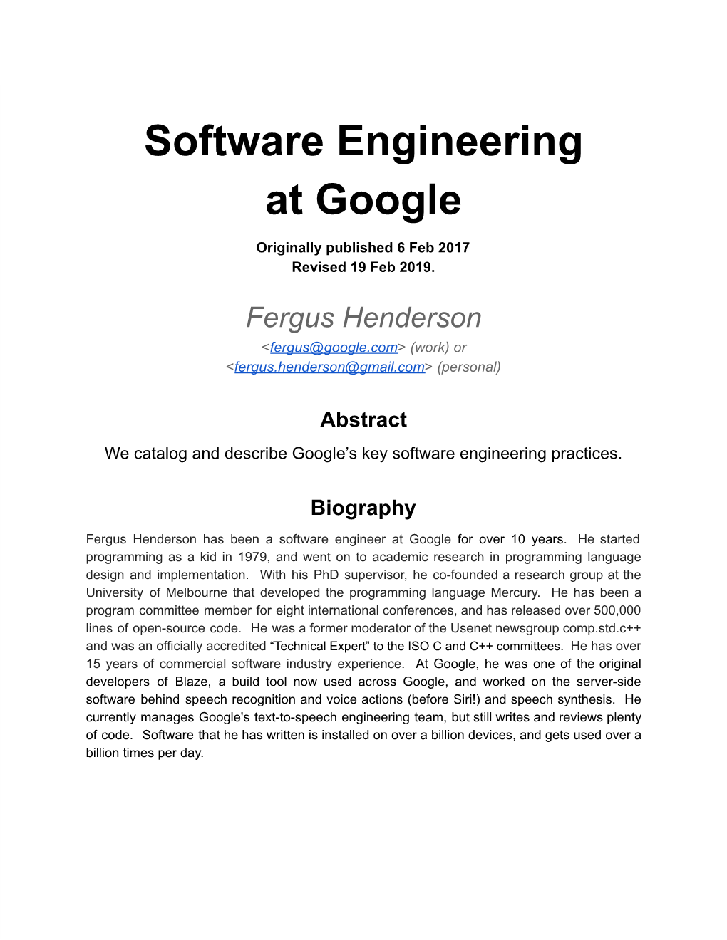 Software Engineering at Google