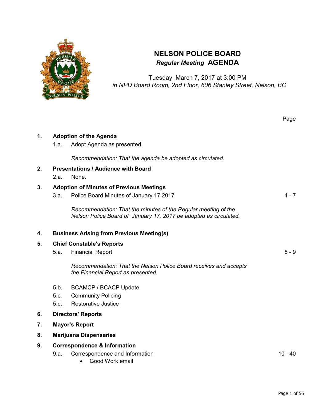 NELSON POLICE BOARD Regular Meeting AGENDA