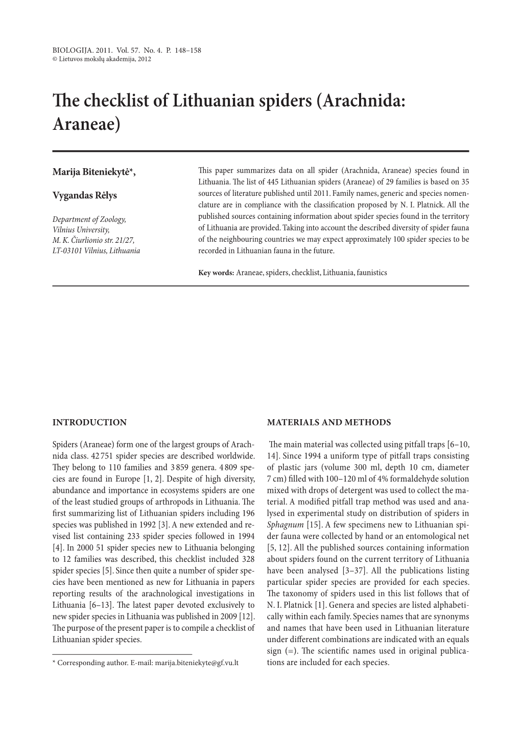 The Checklist of Lithuanian Spiders (Arachnida: Araneae)