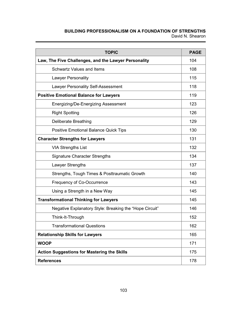 103 BUILDING PROFESSIONALISM on a FOUNDATION of STRENGTHS David N. Shearon TOPIC PAGE Law, the Five Challenges, and the Lawyer P