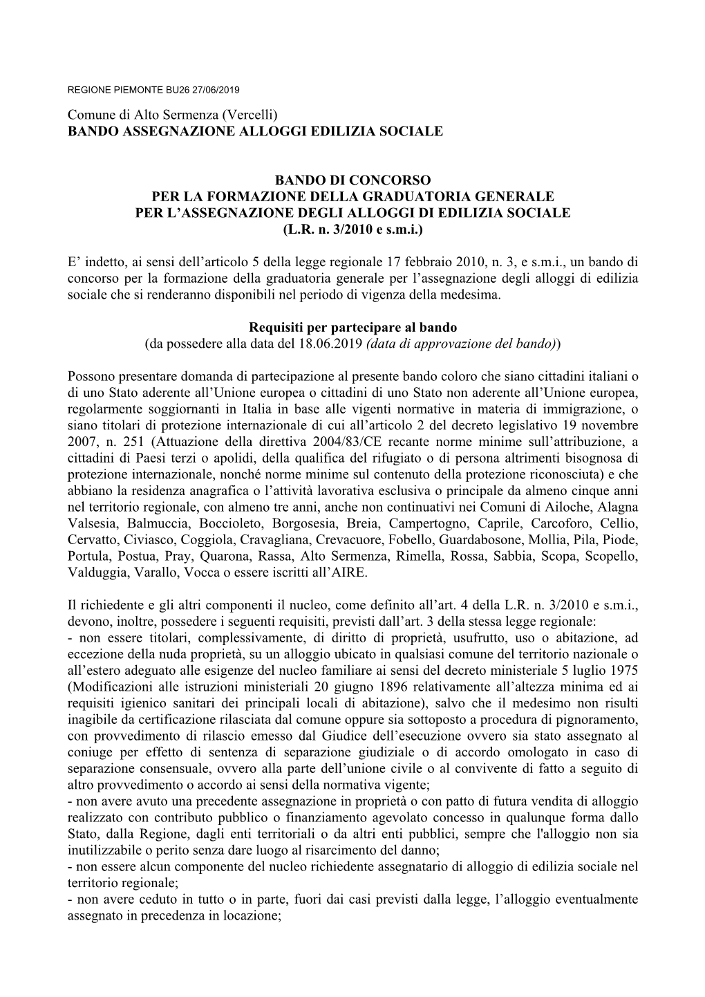 Comune Di Alto Sermenza (Vercelli) BANDO ASSEGNAZIONE ALLOGGI EDILIZIA SOCIALE