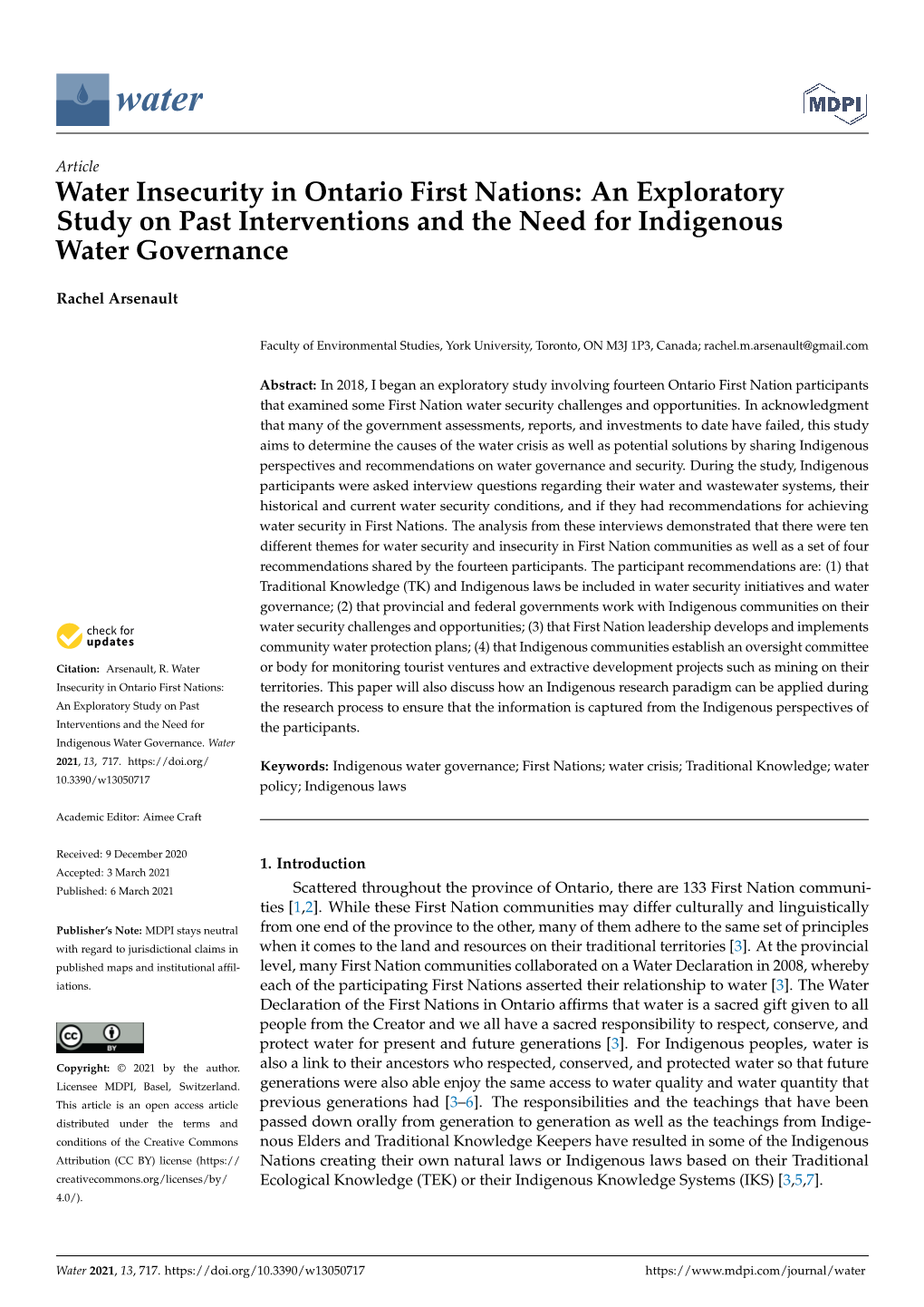 Water Insecurity in Ontario First Nations: an Exploratory Study on Past Interventions and the Need for Indigenous Water Governance