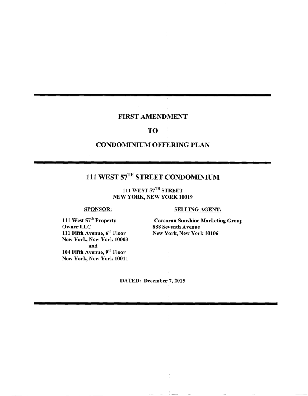 First Amendment to Condominium Offering Plan 111 West 57Th Street (:Ondominium