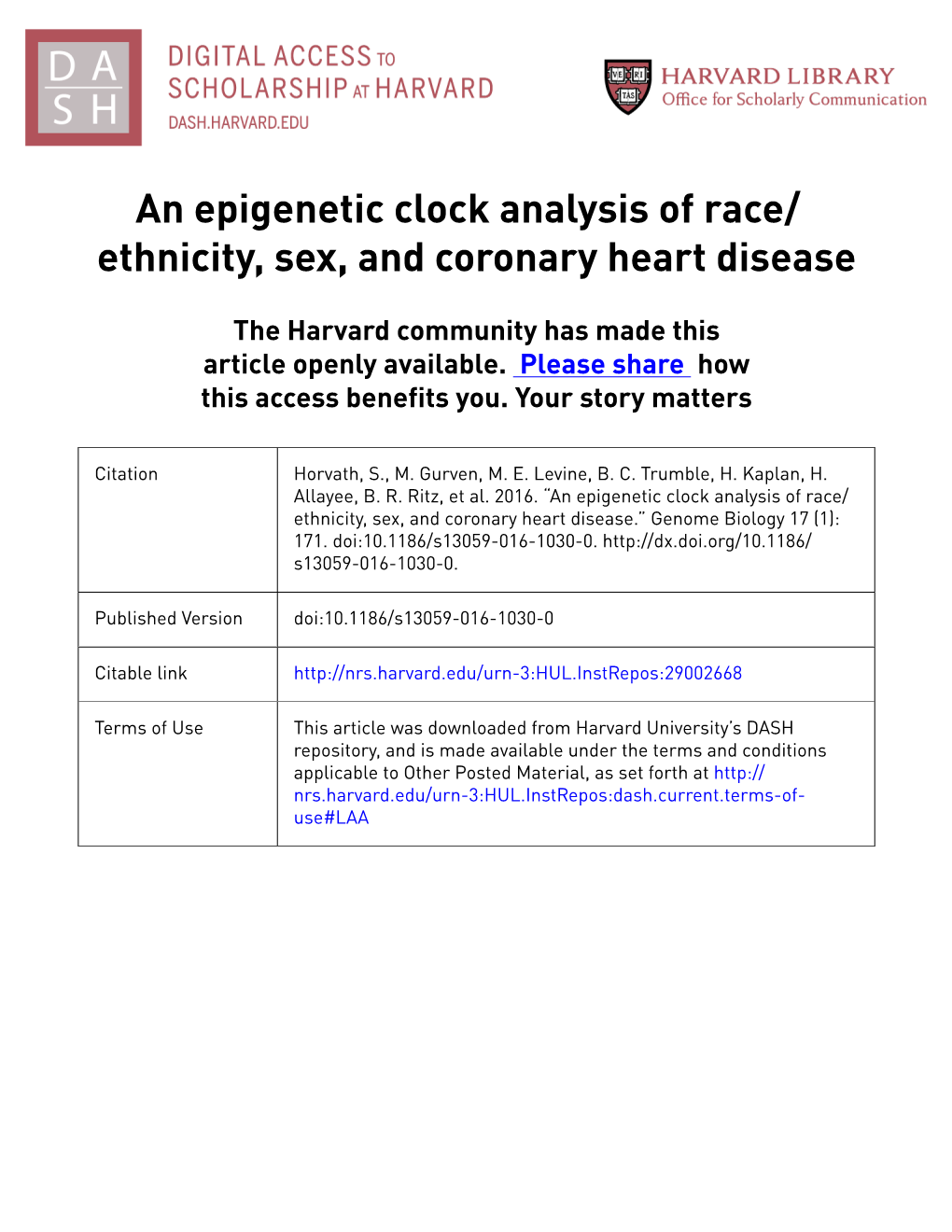 An Epigenetic Clock Analysis of Race/Ethnicity, Sex, and Coronary Heart Disease Horvath Et Al