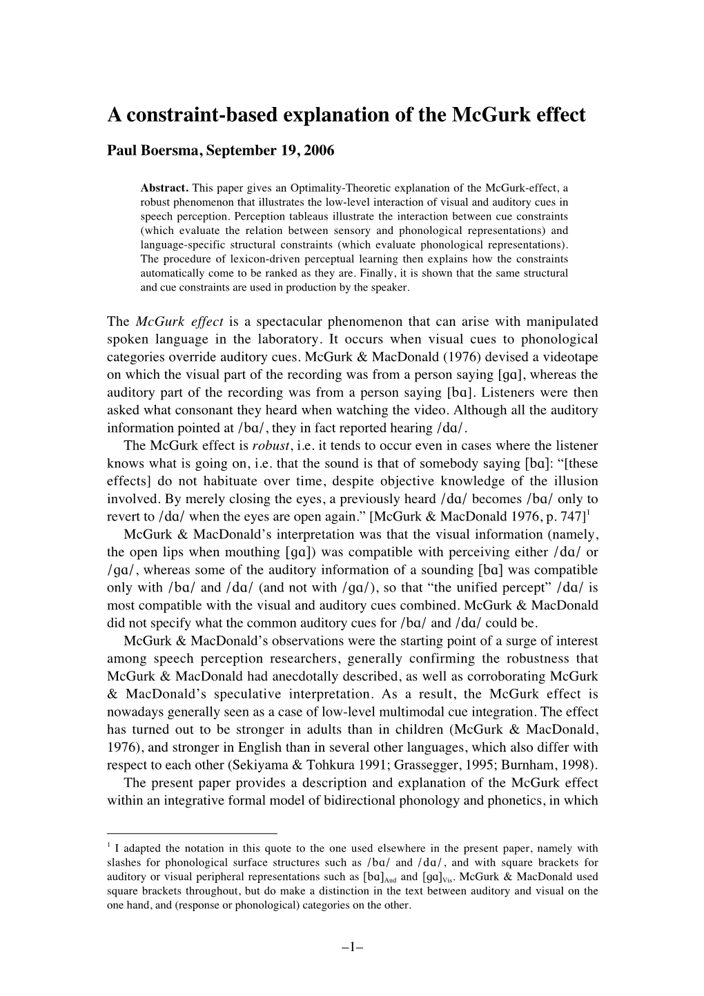 A Constraintsbased Explanation of the Mcgurk Effect