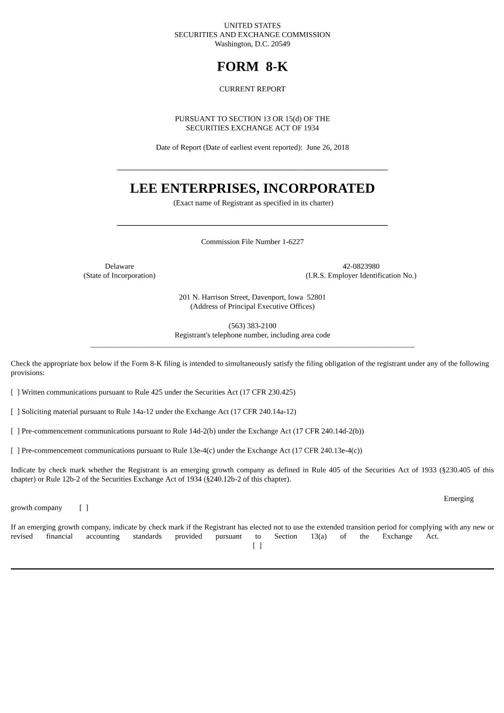 Form 8-K Lee Enterprises, Incorporated