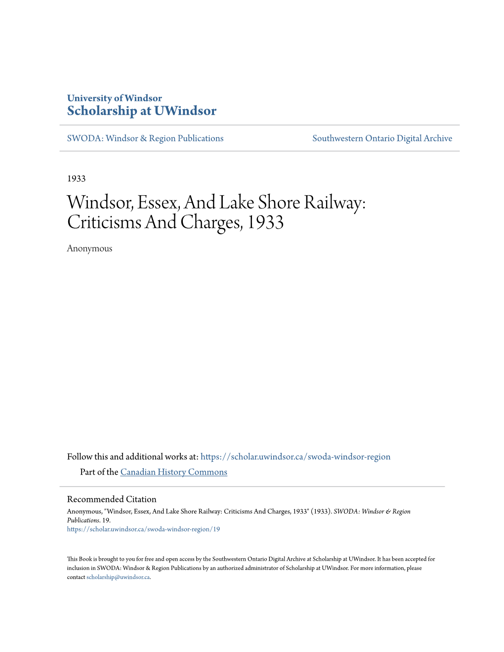 Windsor, Essex, and Lake Shore Railway: Criticisms and Charges, 1933 Anonymous