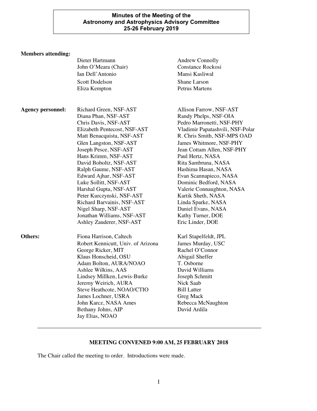 Minutes of the Meeting of the Astronomy and Astrophysics Advisory Committee 25-26 February 2019