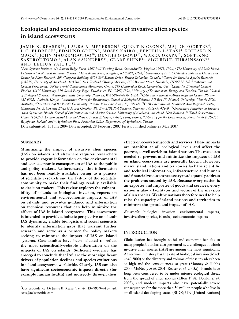 Ecological and Socioeconomic Impacts of Invasive Alien Species in Island Ecosystems