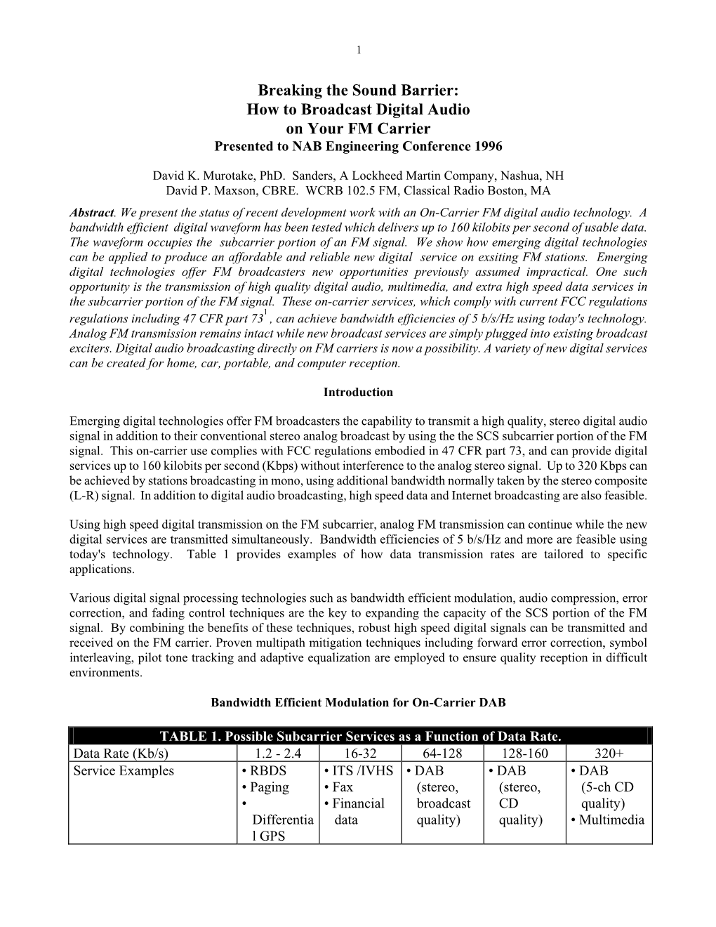 Breaking the Sound Barrier: How to Broadcast Digital Audio on Your FM Carrier Presented to NAB Engineering Conference 1996