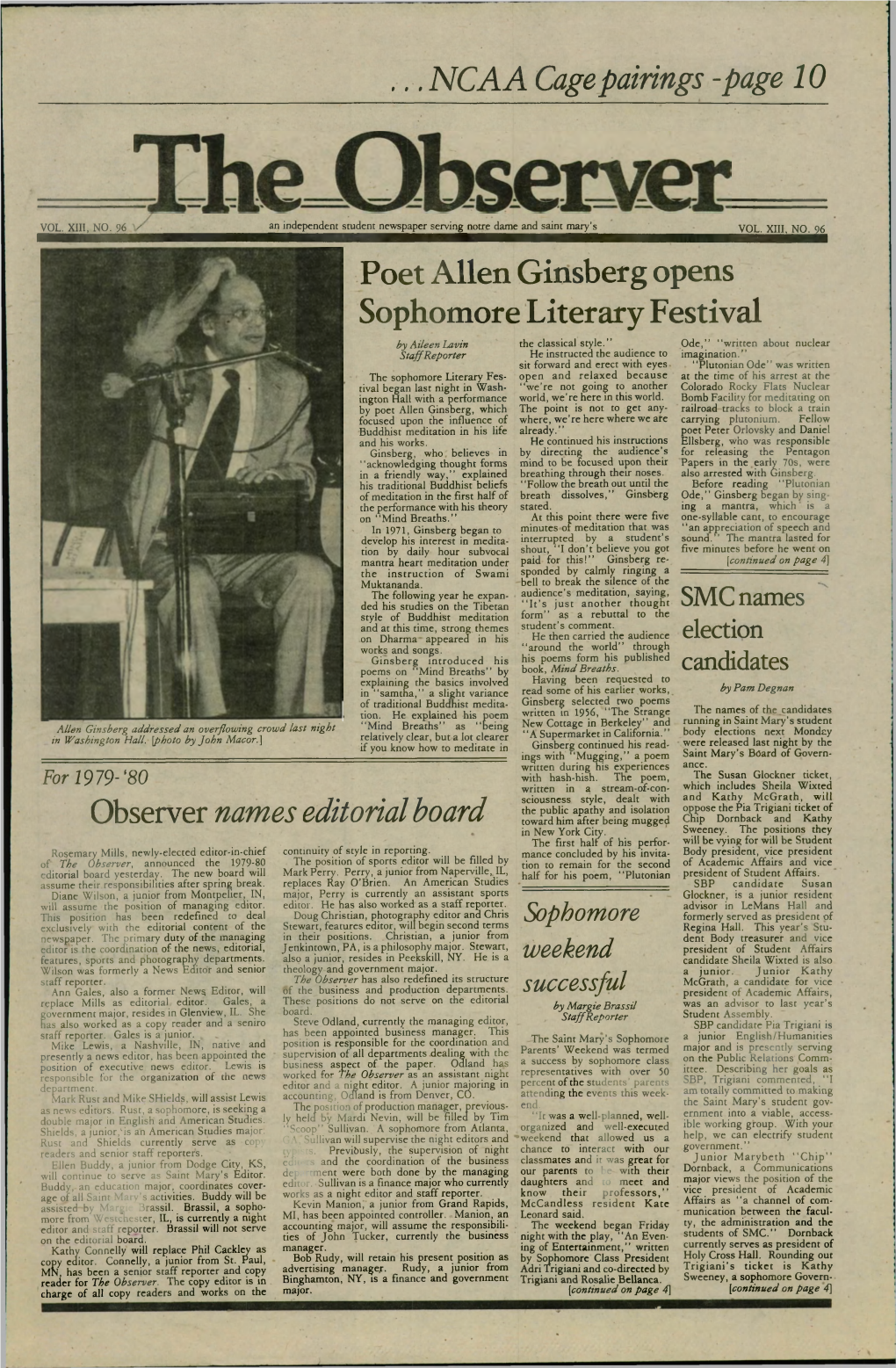 NCAA Cage Pairings -Page 10 Poet Allen Ginsberg Opens Sophomore