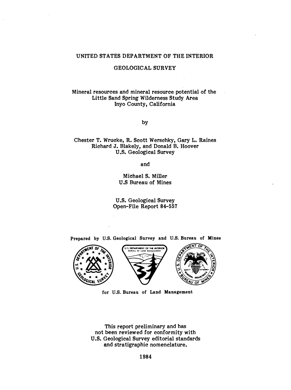 Mineral Resources and Mineral Resource Potential of the Little Sand Spring Wilderness Study Area Inyo County, California