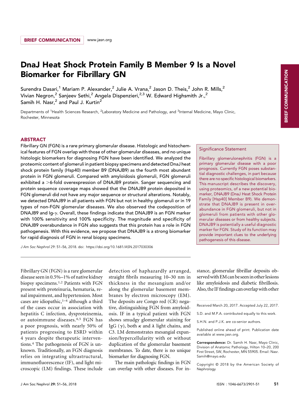 Dnaj Heat Shock Protein Family B Member 9 Is a Novel Biomarker for Fibrillary GN