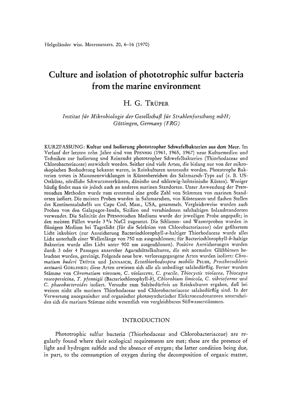 Culture and Isolation of Phototrophic Sulfur Bacteria from the Marine Environment