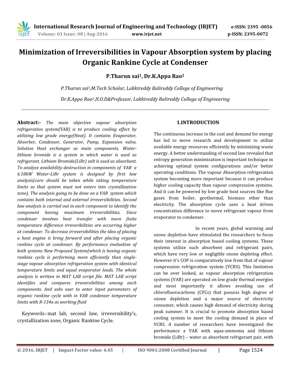 Minimization of Irreversibilities in Vapour Absorption System by Placing Organic Rankine Cycle at Condenser