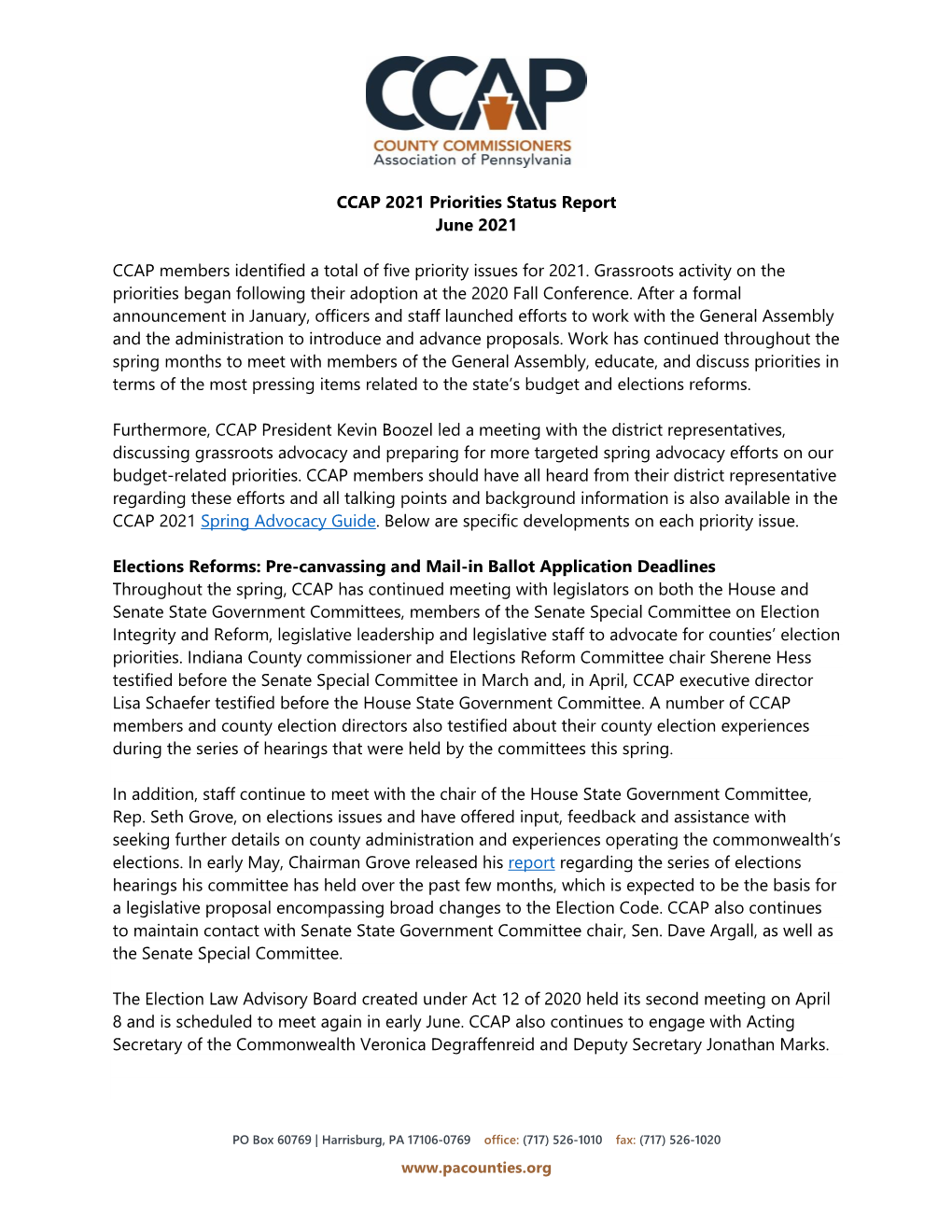 CCAP 2021 Priorities Status Report June 2021