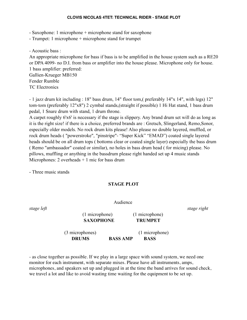 Clovis Nicolas 4Tet: Technical Rider - Stage Plot