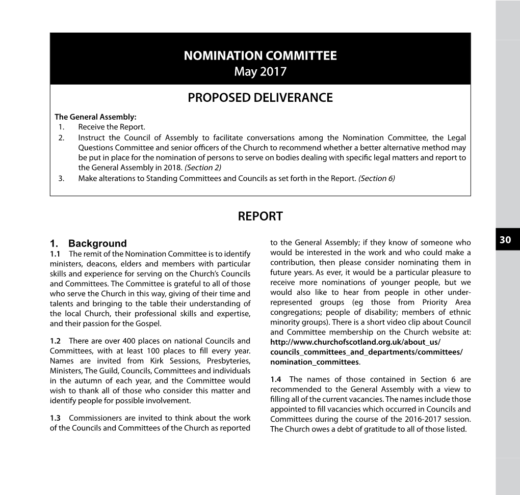 NOMINATION COMMITTEE May 2017 PROPOSED DELIVERANCE the General Assembly: 1