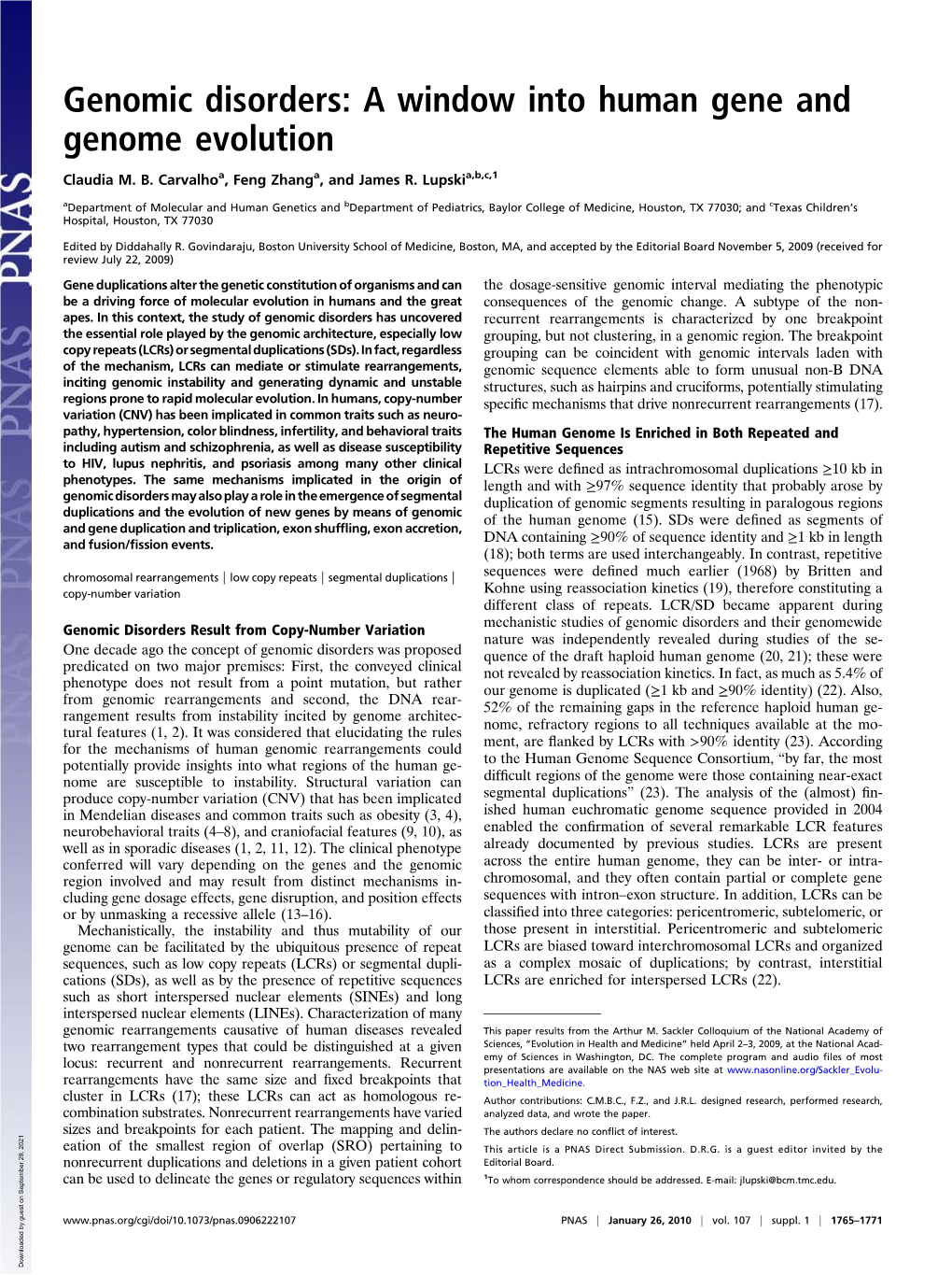 Genomic Disorders: a Window Into Human Gene and Genome Evolution